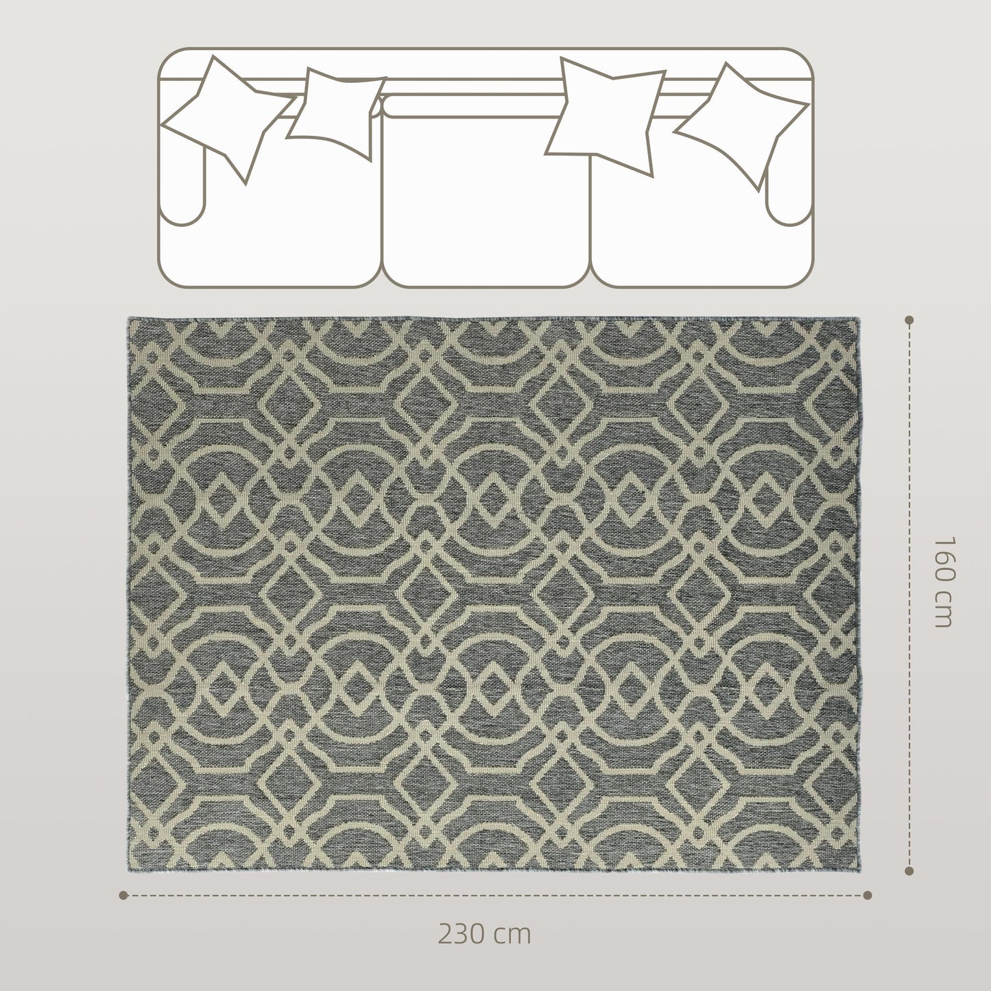 HOMCOM UV Resistant Indoor & Outdoor Area Rug, Easy-Cleaning Machine Washable Rug with Geometric Pattern for Patio, Garden, Kitchen, Bathroom or Living Room, 230 x 160 cm, Grey