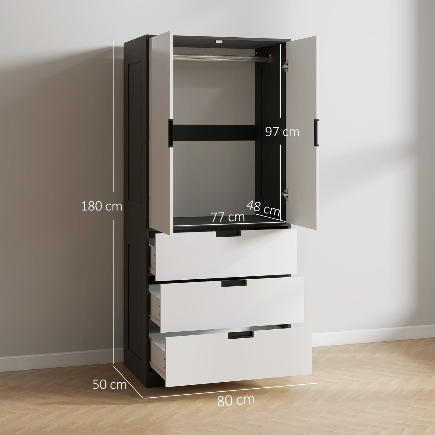 HOMCOM 2 Door Wardrobe, Modern Wardrobe with 3 Drawers and Hanging Rod for Bedroom, High Gloss White