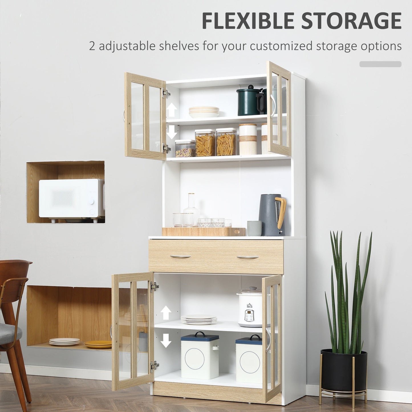 HOMCOM Modern Kitchen Cupboard, Freestanding Storage Cabinet Hutch with Central Drawer, 2 Glass Door Cabinets and Countertop, 180cm