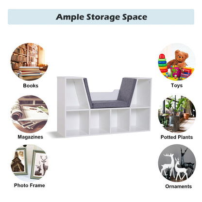 HOMCOM Bookcase Storage Shelf with Cushioned Reading Seat, Cube Bookshelf Organizer for Bedroom Living Room, White