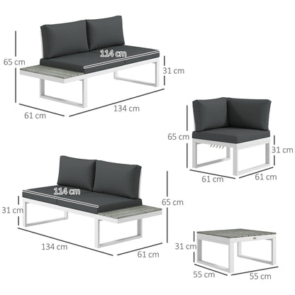 Outsunny 4 Pieces Garden Furniture Set, 5-Level Reclining Garden Corner Sofa Set, Outdoor Lounge Conversation Sectional with Cushions, Wood Effect Plastic Table, White Frame & Grey Cushion