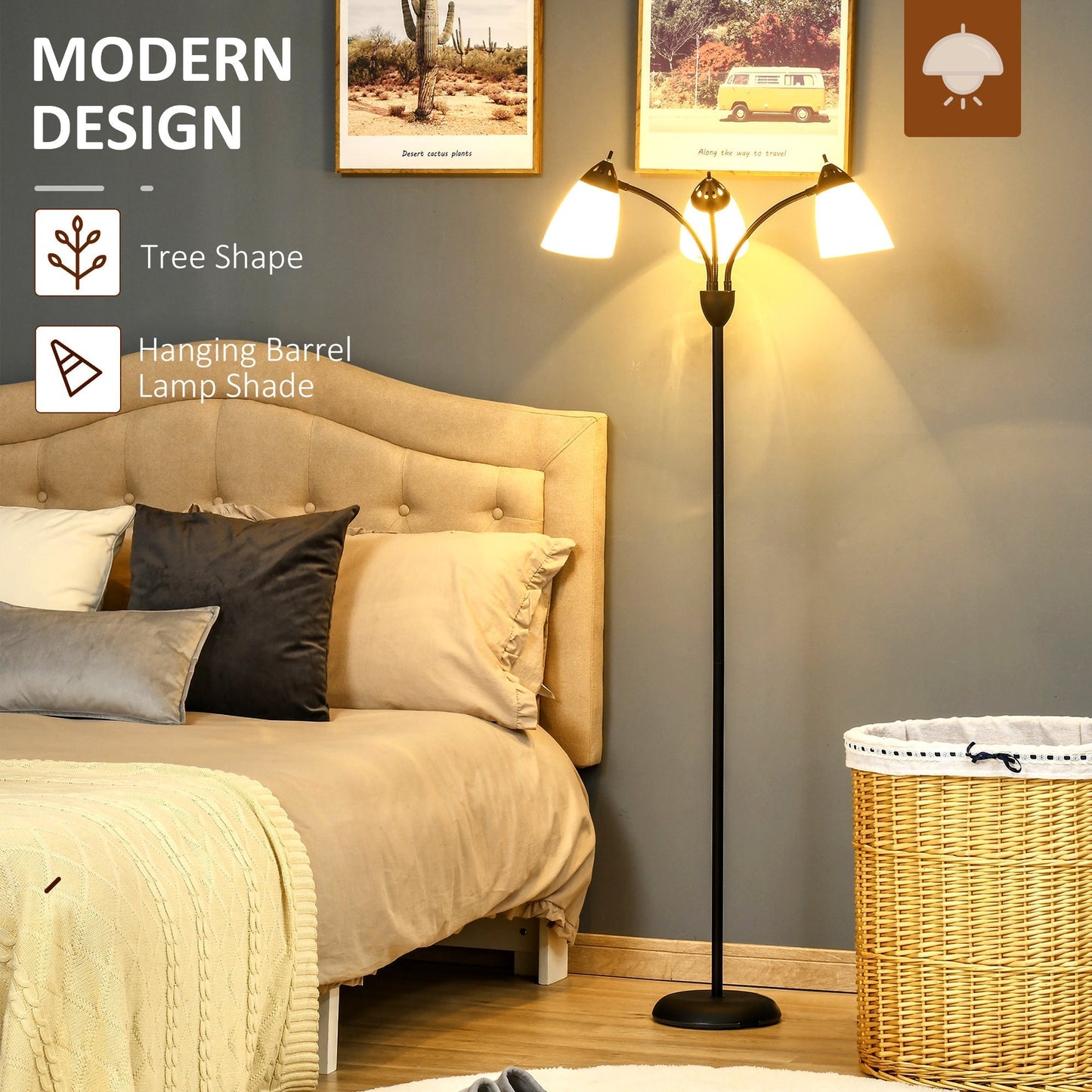 HOMCOM Arc Tree Floor Lamp with 3 Adjustable Rotating Lights, Industrial Standing Lamp with Steel Frame for Bedroom Living Room, 155cm, Black