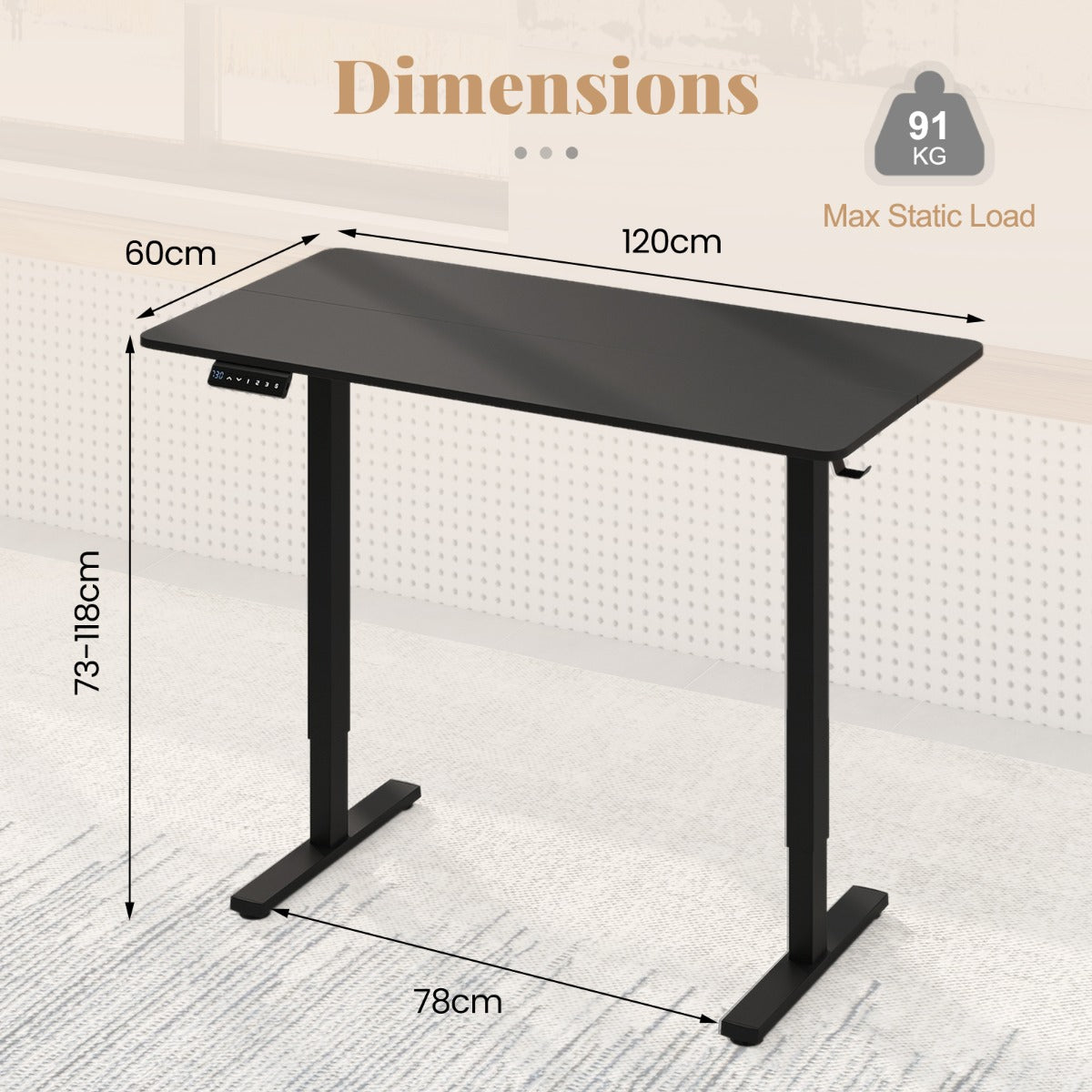 120 x 60 CM Electric Standing Computer Desk with 3 Memory Preset-Black