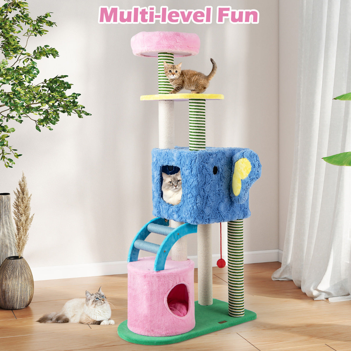 Elephant Themed Cat Tree for Cats with Condos and Padded Perch-Colourful