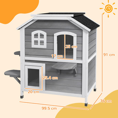 PawHutÂ 2-story Cat House Outdoor, WeatherproofÂ Wooden Cat Enclosure for Feral Cats with Escape Door, Openable Roof, Jumping Platforms, Grey