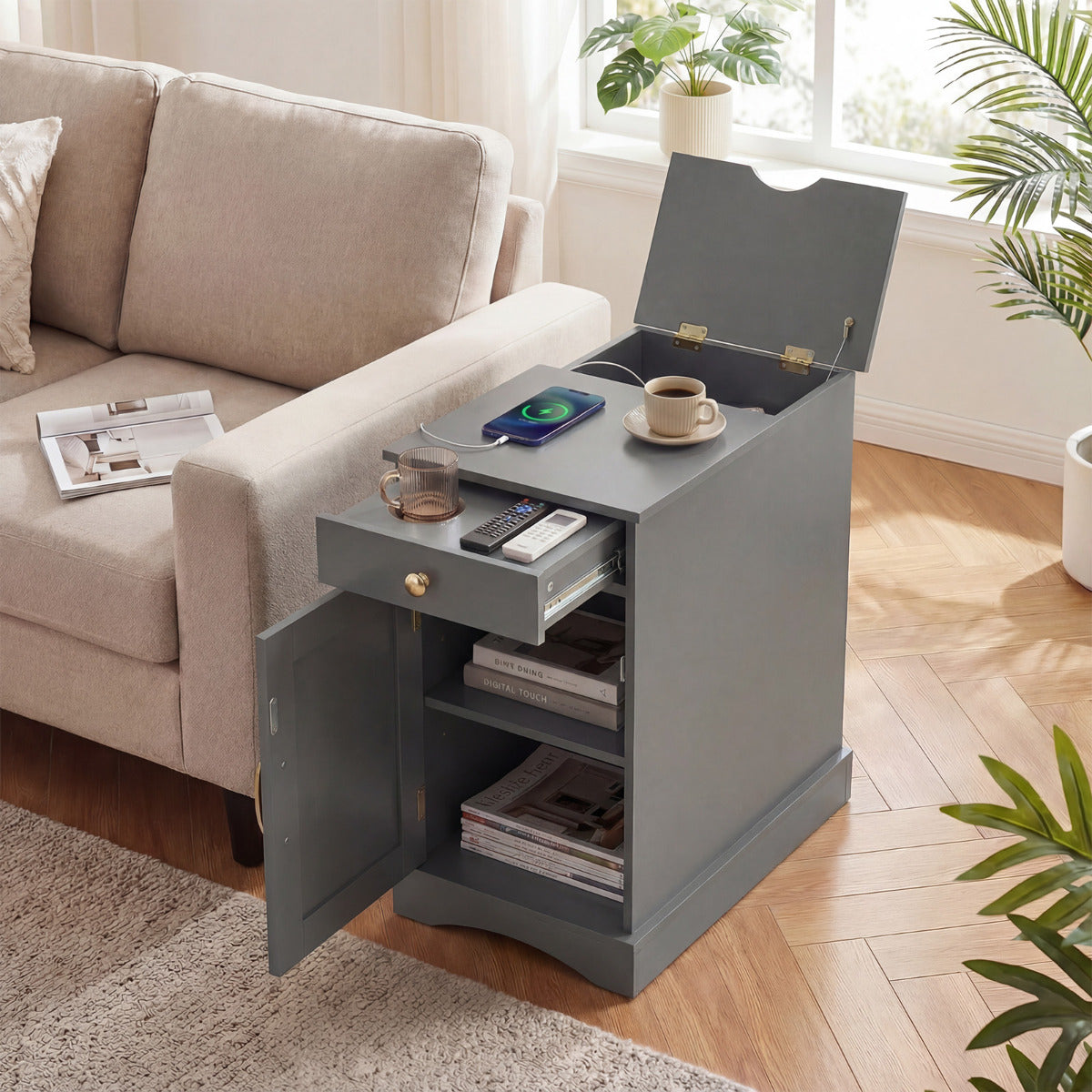End Table Narrow Nightstand Bedside Table with Charging Station-Grey