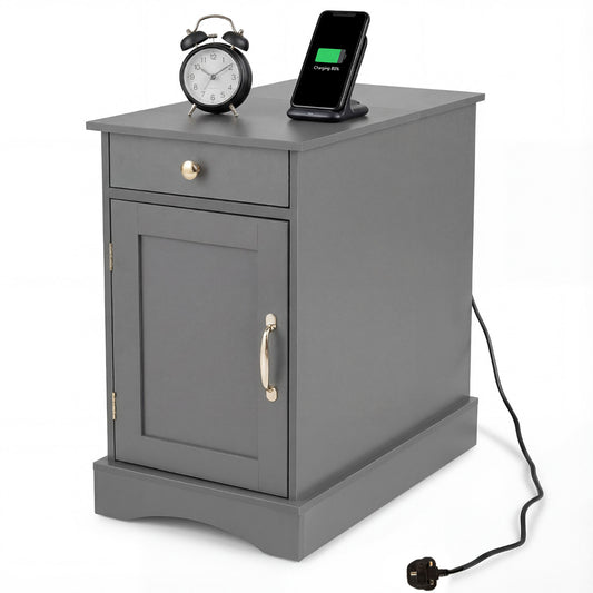 End Table Narrow Nightstand Bedside Table with Charging Station-Grey