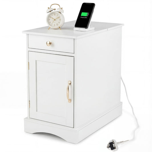 End Table Narrow Nightstand Bedside Table with Charging Station-White