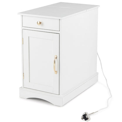 End Table Narrow Nightstand Bedside Table with Charging Station-White