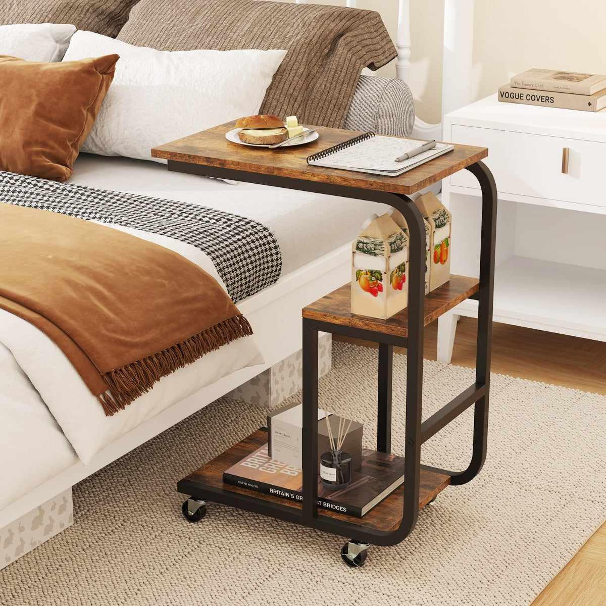 C-shaped End Table Space-saving Couch Table with Open Shelves-Rustic Brown
