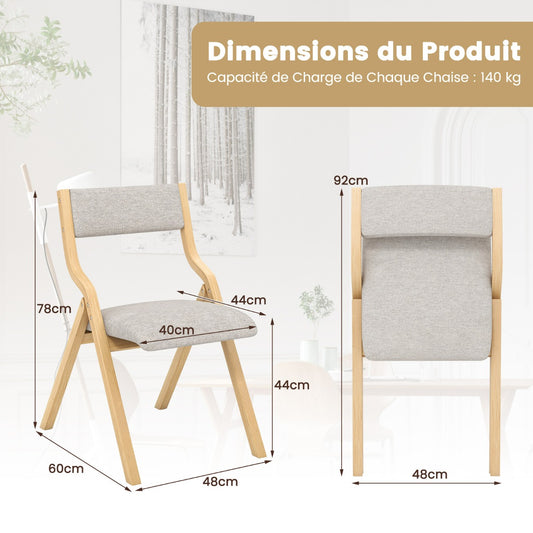 Set of 2 Folding Dining Chairs Upholstered Chairs with Solid Wood Frame Natural Linen Fabric Backrest