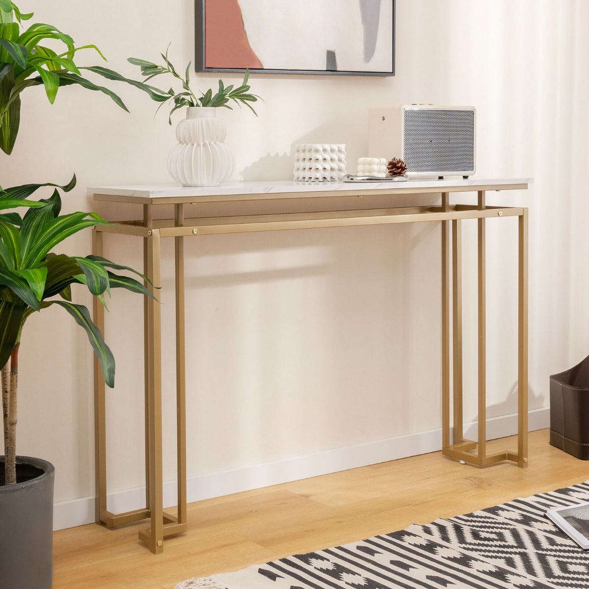 Gold Console Table with Faux Marble Tabletop and Geometric Metal Frame-White