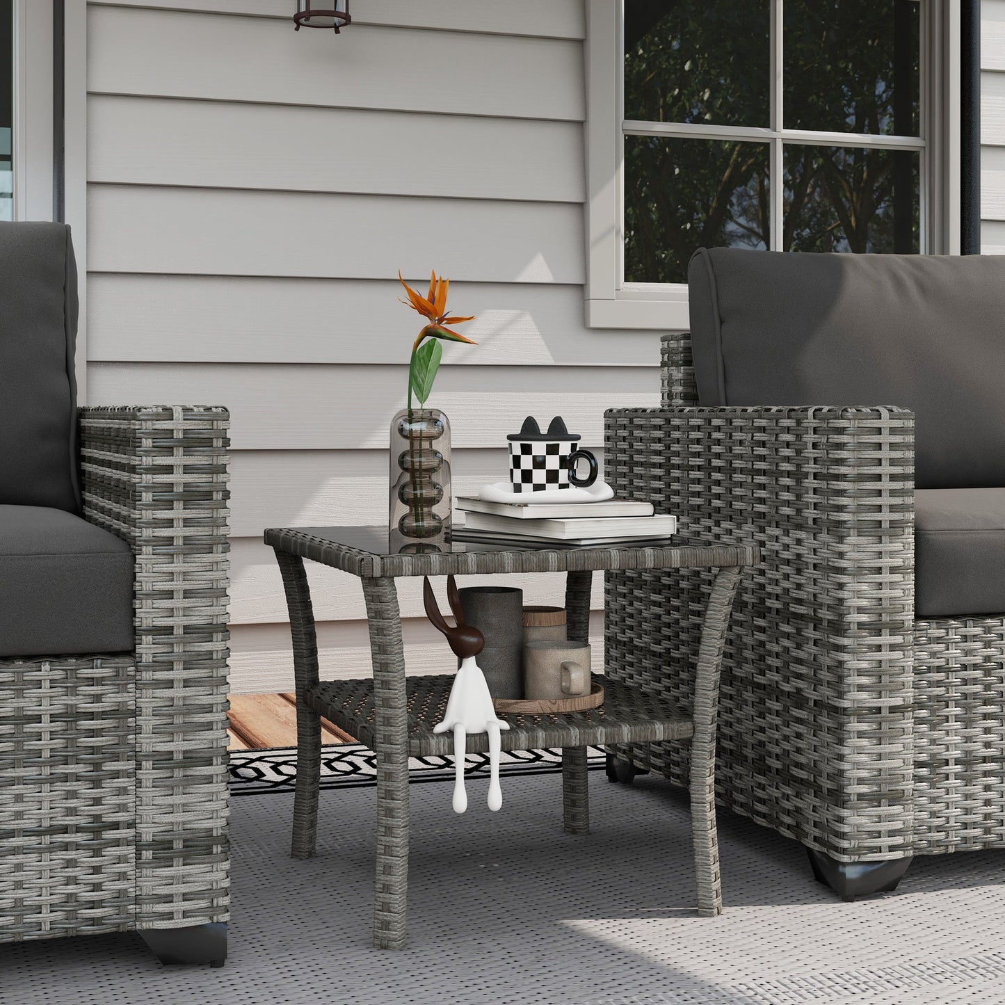 Outsunny Two-tier PE Rattan Square Coffee Table - Grey
