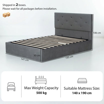 HOMCOM Double Bed Frame Gas Side Lift Under Bed Storage Upholstered Platform Bed Tufted Headboard for 140 x 190 cm Mattress