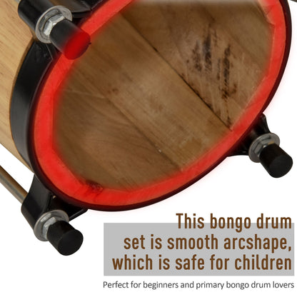 HOMCOM Wooden Bongo Drum Set â7.75" & â7" w/ Drum Head, Percussion Instrument, Drums, Tuning Wrench For Adults Beginners