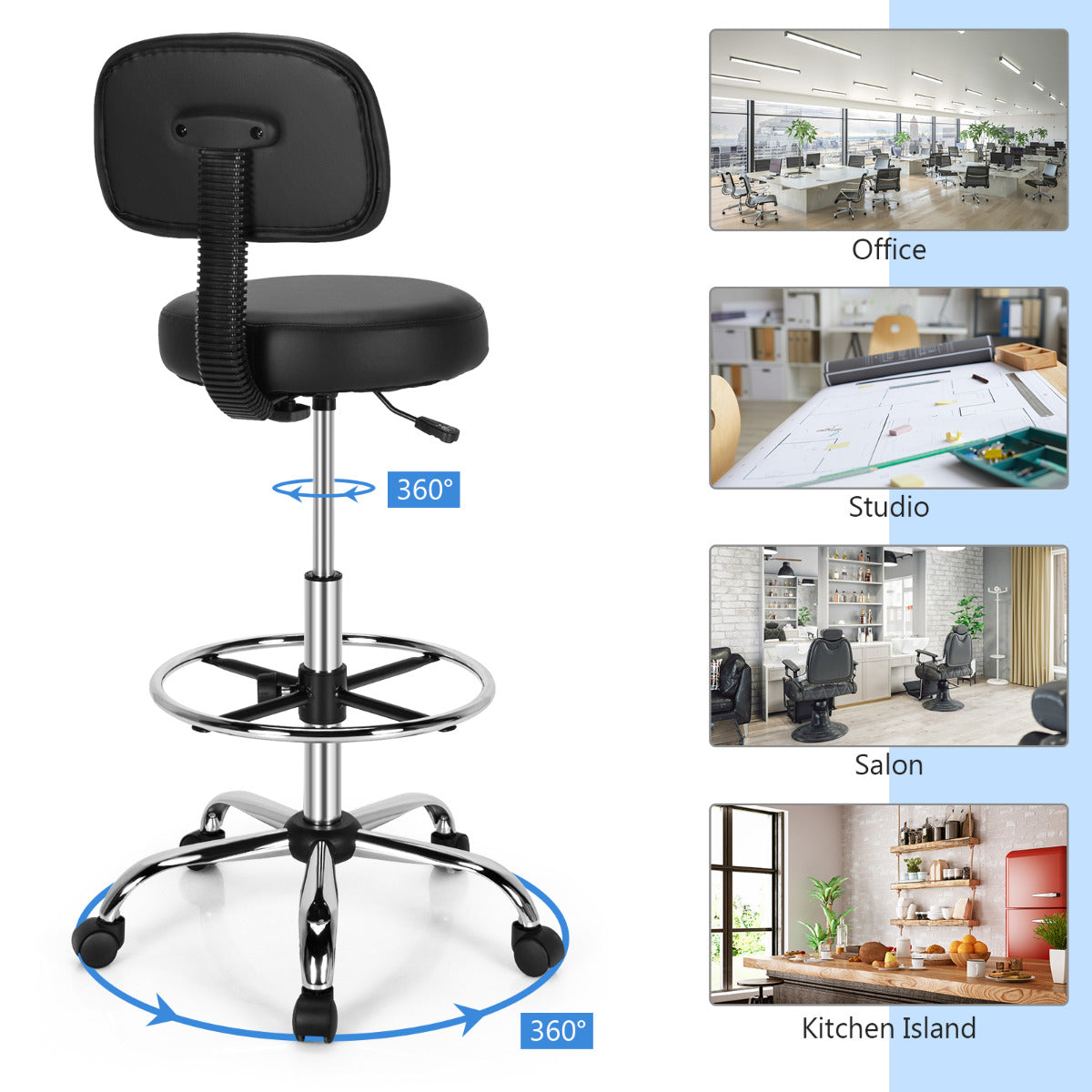 Ergonomic Drafting Chair Set of 2 with Backrest and Adjustable Footrest-Black