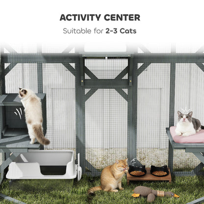 PawHut Catio Outdoor Cat Enclosure, Wooden Cat House with Platforms, Condo and Waterproof Cover for 2“3 Kittens, Grey