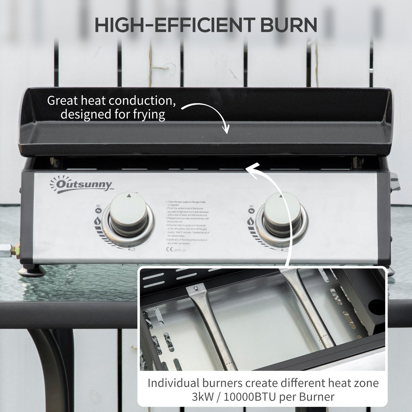 Outsunny Gas Plancha Barbecue Grill with 2 Stainless Steel Burner, 6kW, Portable Tabletop Gas BBQ with Non-Stick Griddle for Camping Picnic Garden Party Festival
