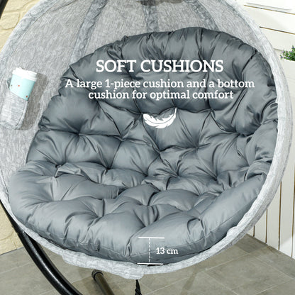 Outsunny Hanging Egg Chair Outdoor Indoor Garden Swing Chair with Folding Basket, Thickened Cushion, Cup Holder for Patio, Balcony, Grey