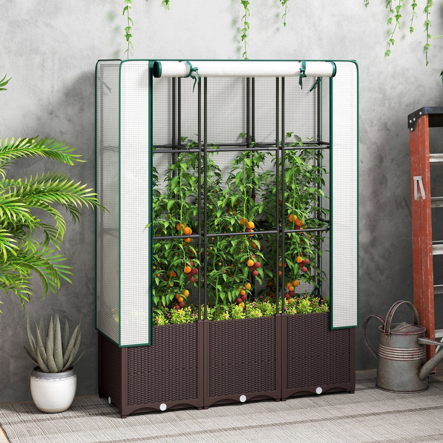 Outsunny Raised Garden Bed with Trellis, Plastic Planter Box with PE Cover, Drainage Holes, Drain Plugs and Water Reservoirs for Climbing Plants, Vegetables, Flowers, 120 x 40 x 140 cm
