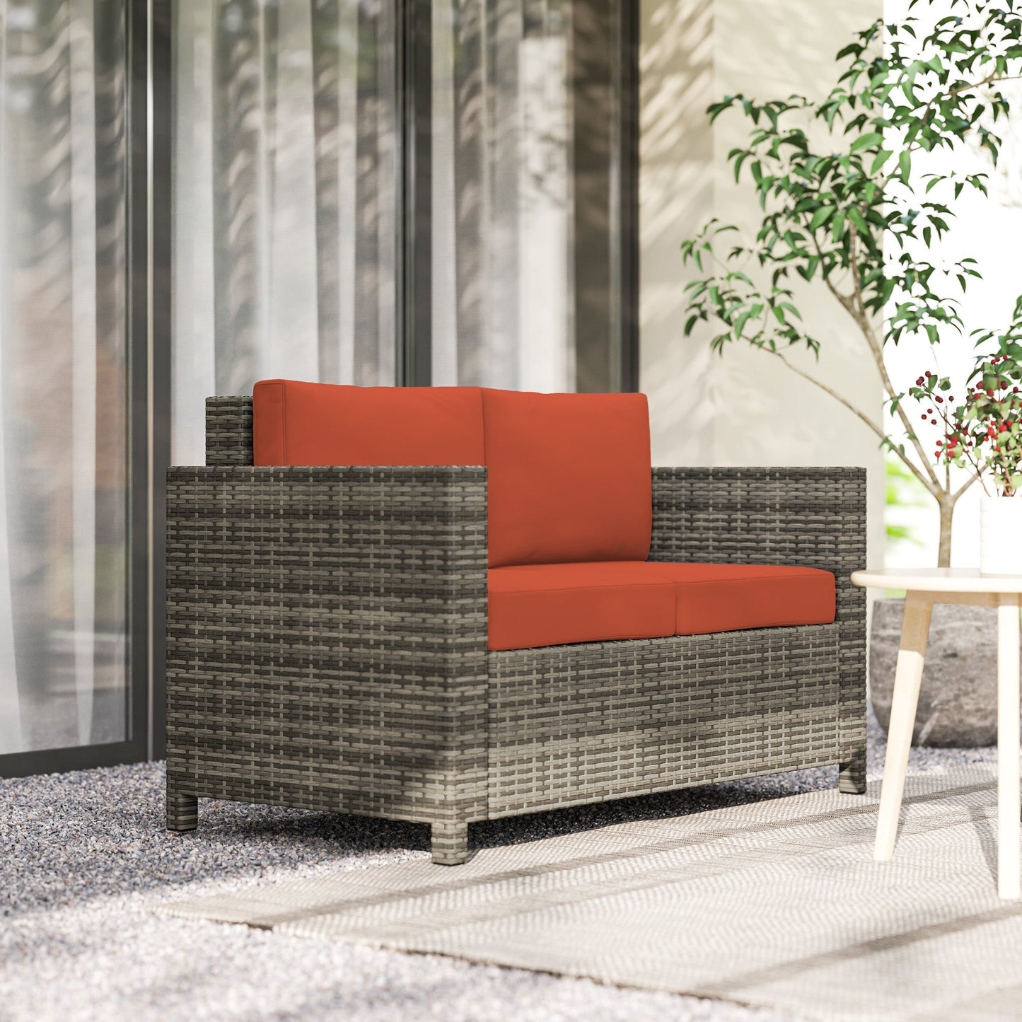 Outsunny Rattan Sofa, 2 Seater Garden Furniture with Soft Padded Cushion and Armrests, Wicker Garden Loveseat for Patio, Grey