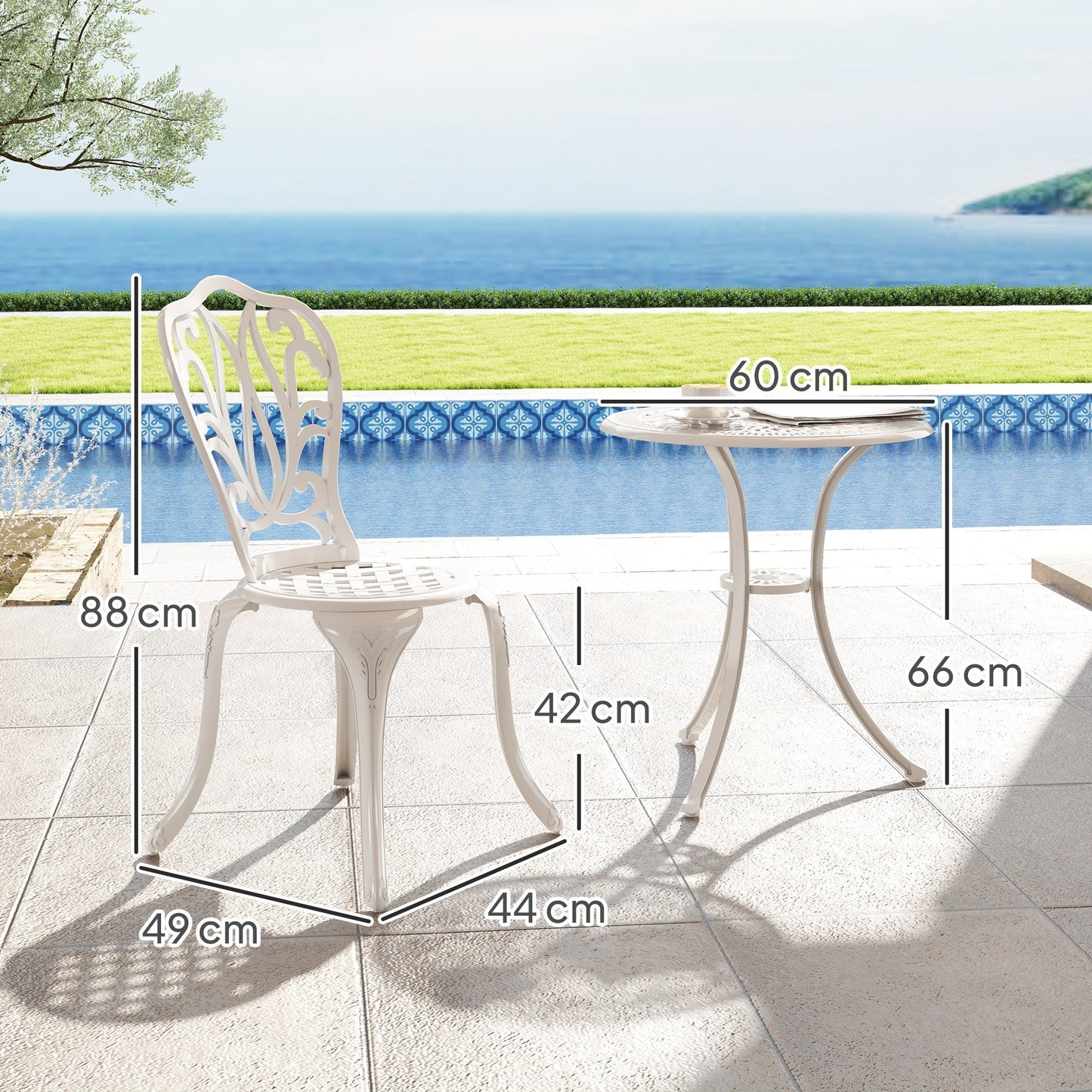 Outsunny 3 Piece Garden Bistro Set, Cast Aluminium Outdoor Furniture Set with Umbrella Hole for Balcony, Porch, Patio, White