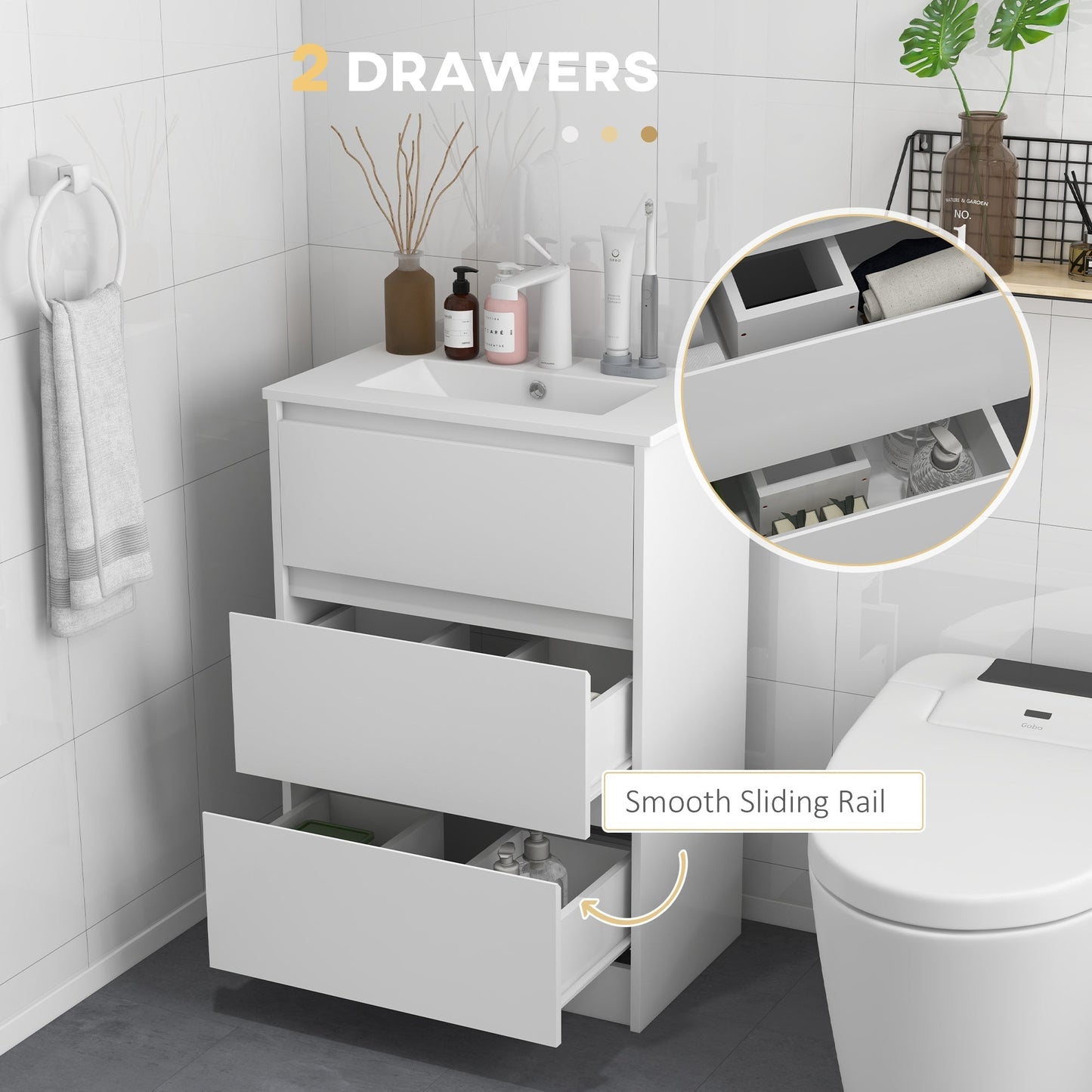 kleankin 600mm Bathroom Vanity Unit with Basin and Single Tap Hole, High Gloss White Floor Standing Bathroom Sink Unit with 2 Drawers for Cloakroom