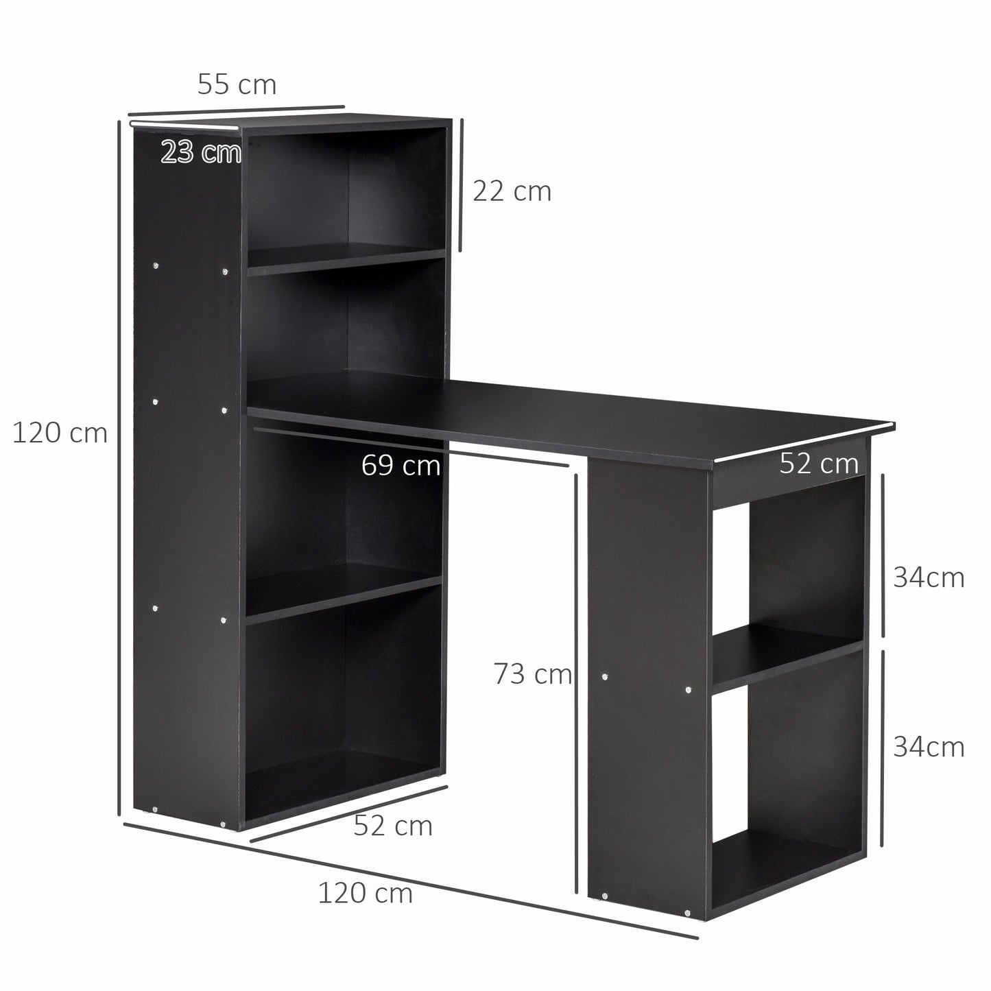 HOMCOM 120cm Computer Desk, Wooden PC Laptop Table with 6-Tier Storage Bookshelves, Home Office Working Study Desk, Writing Workstation, Black