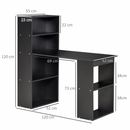 HOMCOM 120cm Computer Desk, Wooden PC Laptop Table with 6-Tier Storage Bookshelves, Home Office Working Study Desk, Writing Workstation, Black