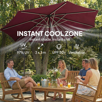 Outsunny 3 m Garden Cantilever Parasol with LED Solar Light, Round Overhanging Umbrella with 360Â° Rotation, Cover, Wine Red