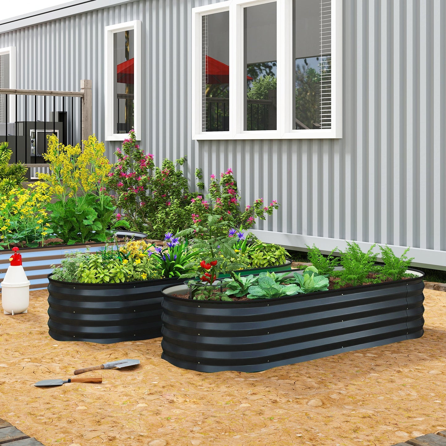 Outsunny Set of Two 150 x 60cm Steel Planters - Dark Grey