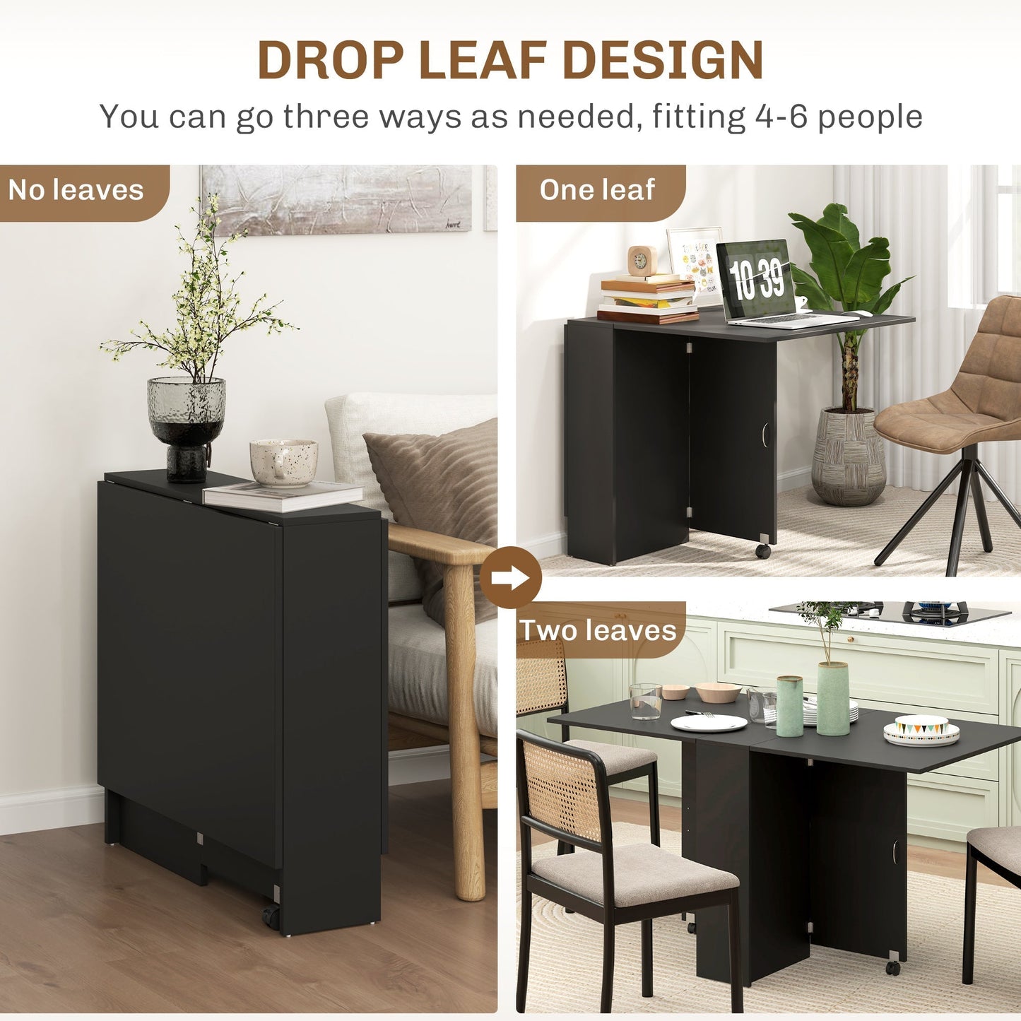 HOMCOM Foldable Dining Table, Extendable Drop Leaf Table with 2-tier Shelves, Small Dinner Table with Rolling Casters