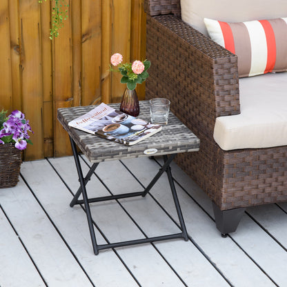 Outsunny Square PE Wicker Rattan Folding Table,Weather Resistant Wicker Weave Side Table with Steel Frame, Grey