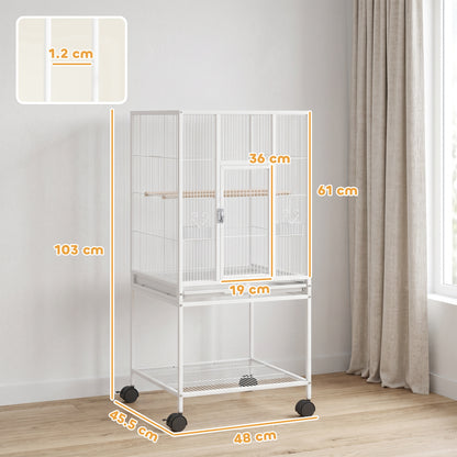 PawHut Bird Cage Detachable with Rolling Stand Parrot Cage with Storage Shelf White