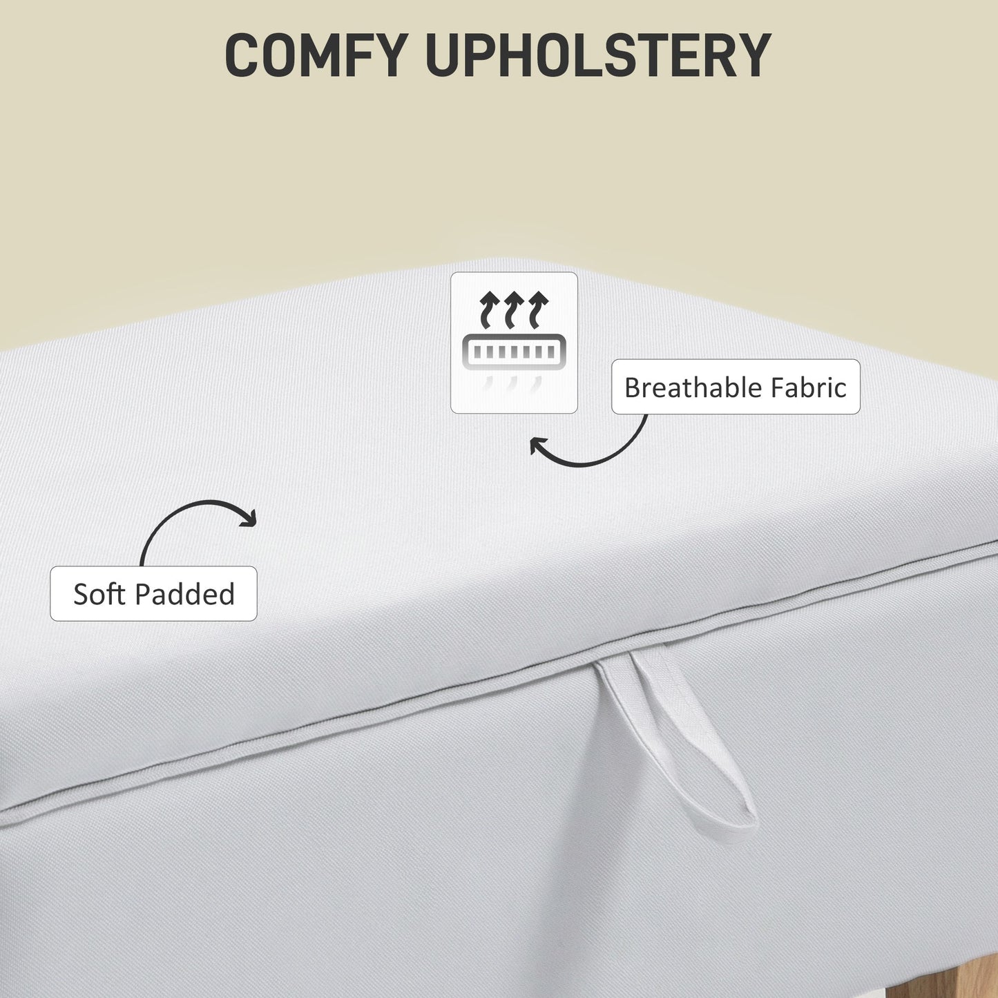 HOMCOM 30L Linen Storage Ottoman Padded Footstool with Rubberwood Legs for Storage Box, Bed End, Shoe Bench, Seating, Cream White