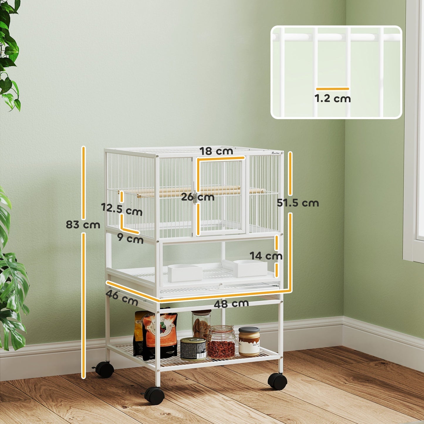PawHut Bird Cage with Rolling Stand, Acrylic Viewing Panels, Storage Shelf, for Budgie, Parakeet, 48 x 46 x 83 cm