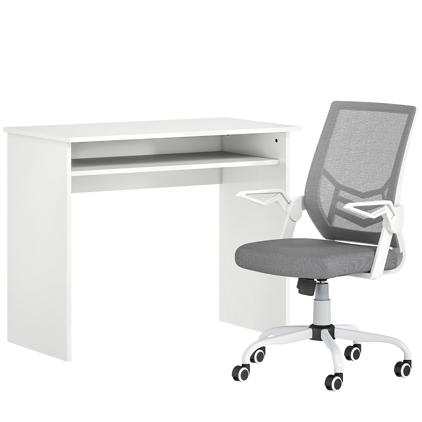 HOMCOM Home Office Furniture Set, Modern Computer Desk with Storage Shelf and Ergonomic Mesh Chair with Flip-Up Arms, Lumbar Support, Adjustable Height, Swivel Wheels, White and Grey