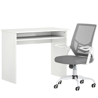 HOMCOM Home Office Furniture Set, Modern Computer Desk with Storage Shelf and Ergonomic Mesh Chair with Flip-Up Arms, Lumbar Support, Adjustable Height, Swivel Wheels, White and Grey