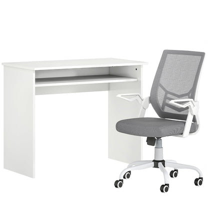 HOMCOM Home Office Furniture Set, Modern Computer Desk with Storage Shelf and Ergonomic Mesh Chair with Flip-Up Arms, Lumbar Support, Adjustable Height, Swivel Wheels, White and Grey