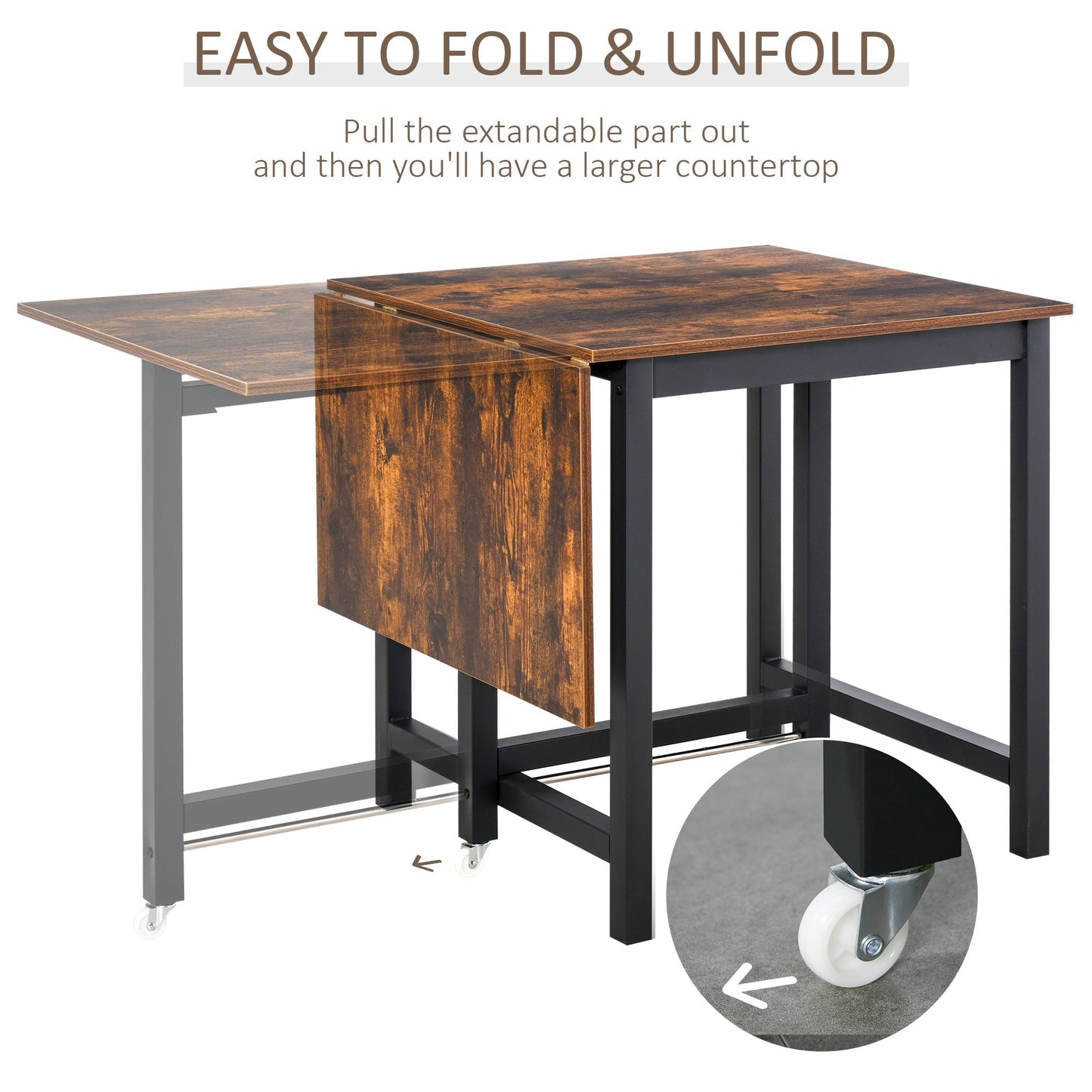 HOMCOM Folding Dining Table, Industrial Drop Leaf Table with Wheels and Metal Frame for Kitchen, Dining Room, Space Saving, Rustic Brown