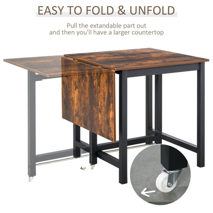 HOMCOM Folding Dining Table, Industrial Drop Leaf Table with Wheels and Metal Frame for Kitchen, Dining Room, Space Saving, Rustic Brown