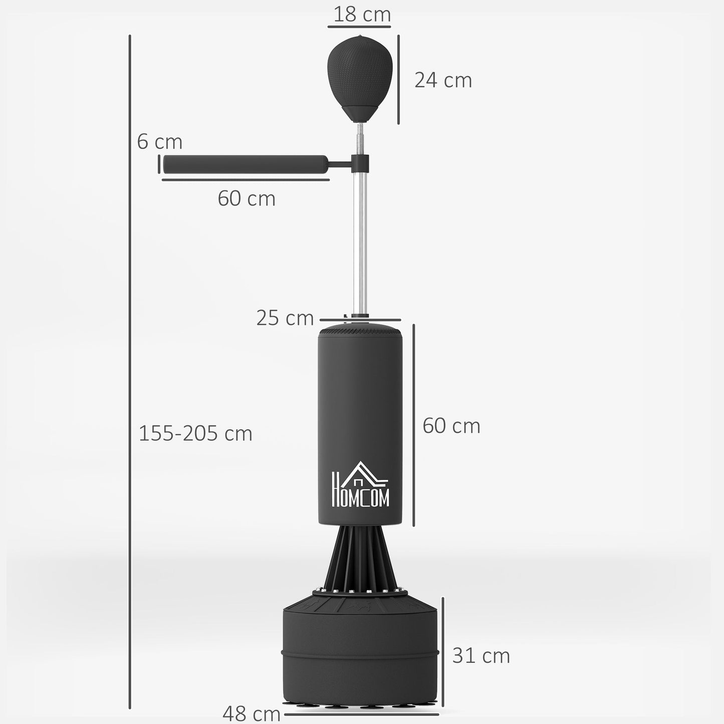 HOMCOM 155-205cm 3-IN-1 Freestanding Boxing Punching Bag Stand, Boxing Speed Trainer with Rotating Flexible Arm, Speed Ball, Fillable Base, Black