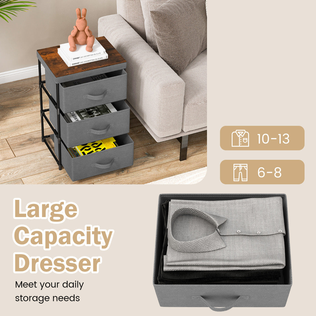 Fabric Storage Organizer Tower Unit Set of 2 with Removable Lid-Grey