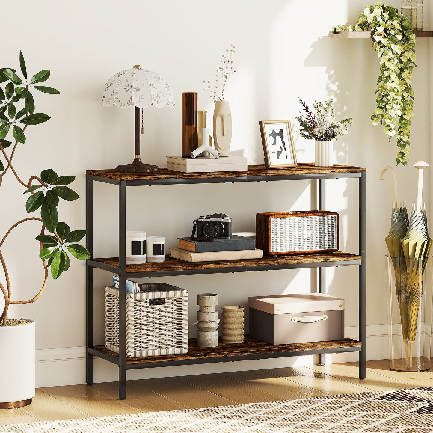 HOMCOM 3-Tier Console Table with Storage Shelves - Rustic Brown