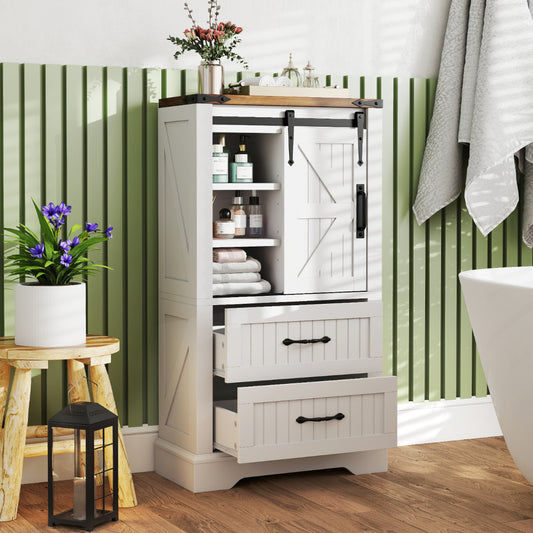 Farmhouse Bathroom Floor Cabinet with Sliding Barn Door-White
