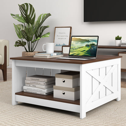 Farmhouse Coffee Table with Storage Shelf and Open Compartment-White