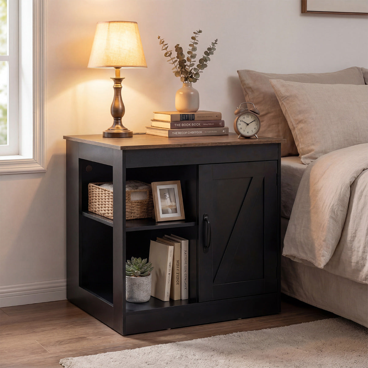 Farmhouse Nightstand with Charging Station Bedside Table with Adjustable Shelf-Black