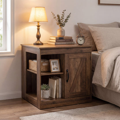 Farmhouse Nightstand with Charging Station Bedside Table with Adjustable Shelf-Rustic Brown