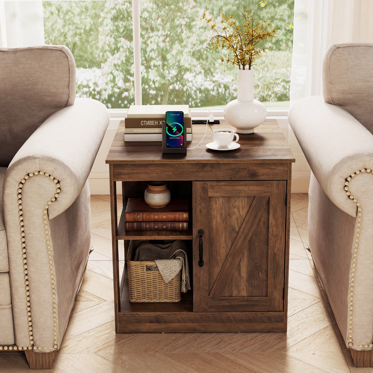 Farmhouse Nightstand with Charging Station Bedside Table with Adjustable Shelf-Rustic Brown