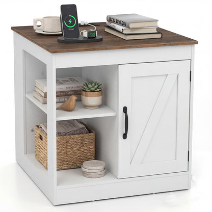 Farmhouse Nightstand with Charging Station Bedside Table with Adjustable Shelf-White